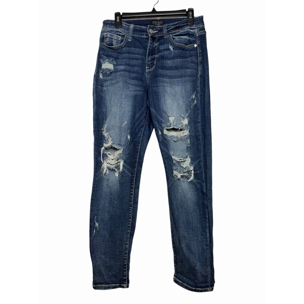 Judy Blue Distressed Boyfriend Jeans Dark Wash Mid Rise Straight Leg Stretch7/28